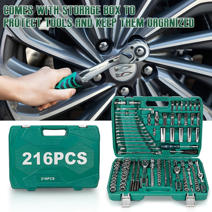 Mechanic Tool Kit Auto Repair Socket Set 1/4" 3/8" 1/2" Drive Ratchet Wrench Combination – 53 to 216-Piece Professional Grade Car Repair Tools with Depth & Standard Sockets