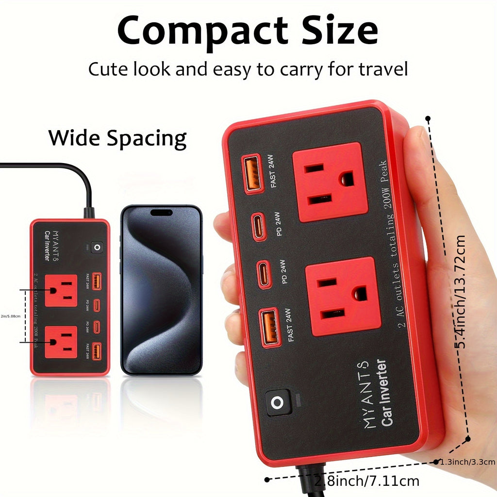 MYANTS 200W Peak Car Inverter, DC 12V to 110V AC Power Inverter for Vehicles, PD 24W USB-C, Dual USB Ports & QC3.0 Fast Charging Ports, High-Speed Charging, Compact Design, No Battery, for MYANTS Car Charger Adapte