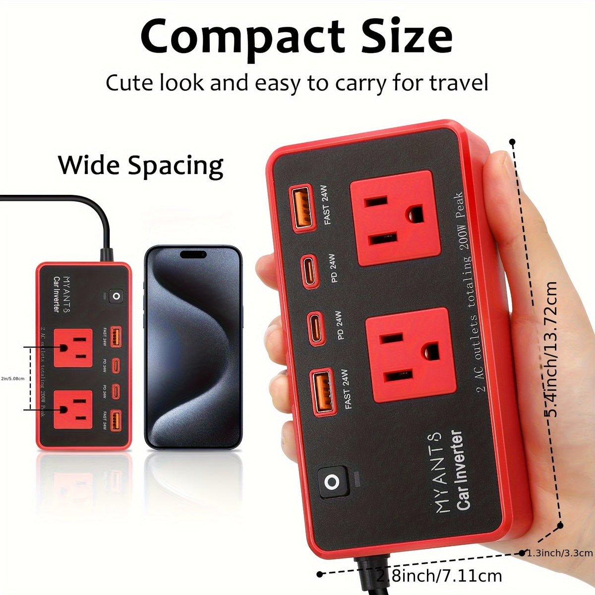 MYANTS 200W Peak Car Inverter, DC 12V to 110V AC Power Inverter for Vehicles, PD 24W USB-C, Dual USB Ports & QC3.0 Fast Charging Ports, High-Speed Charging, Compact Design, No Battery, for MYANTS Car Charger Adapte