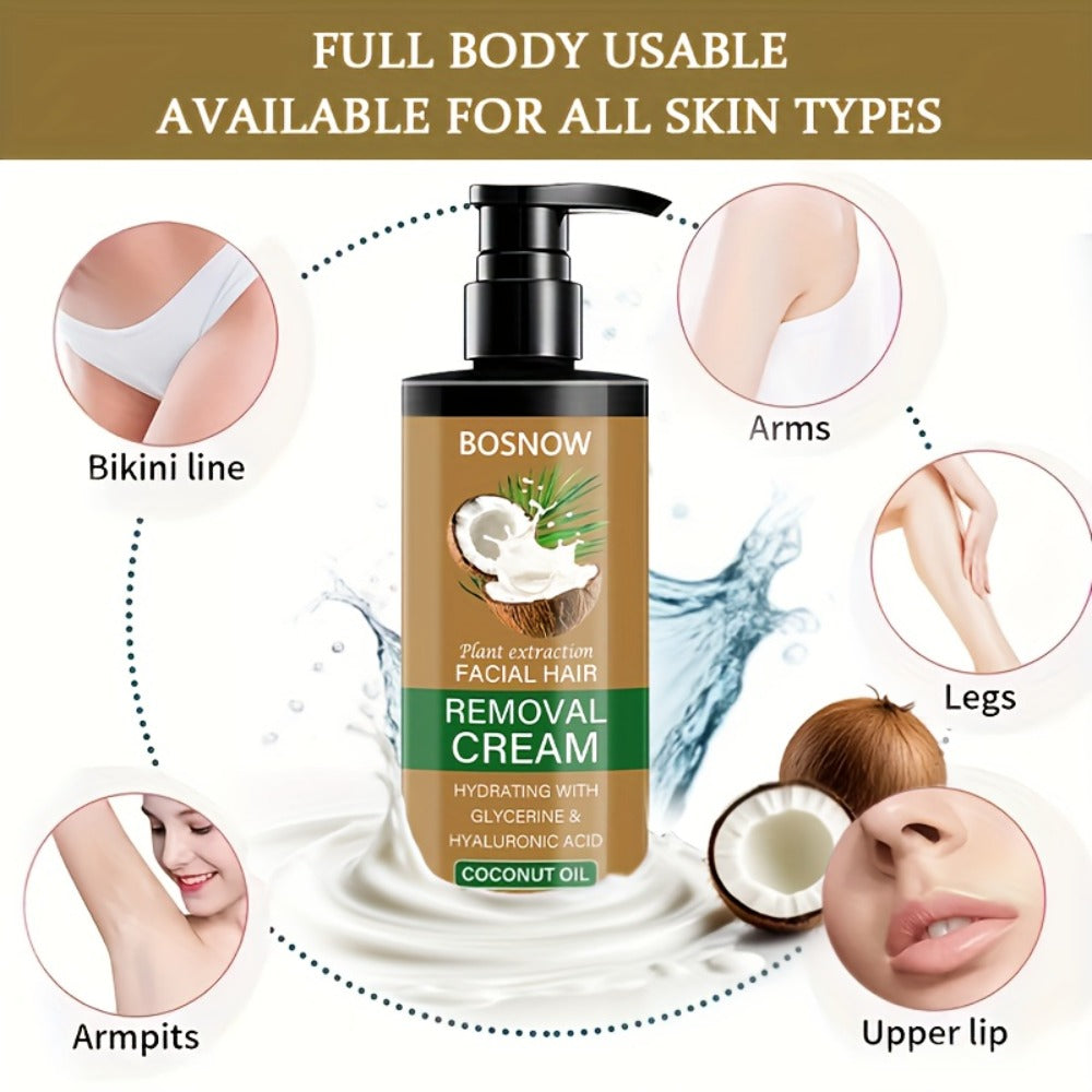 Painless Hair Removal Cream 150g 3-Minute Fast Acting – Coconut Extract Squalane Depilatory for Underarms Arms Legs Thighs Body Bikini, Smooth Skin Up to 15 Days for Women