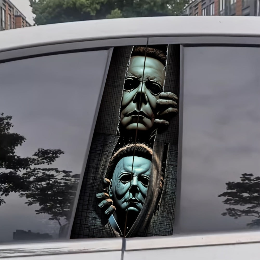 Horror Masked Figure Car Stickers 2PCS - Matte Vinyl Waterproof Scratch-Resistant Decals, Easy Apply No Residue, Halloween Car Window Bumper Sticker Set