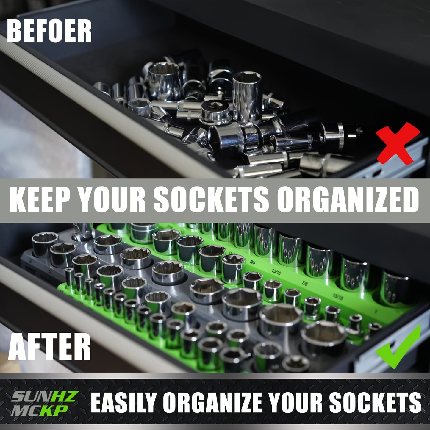 SUNHZMCKP Magnetic Socket Organizer Set 6pcs, Socket Tool Holder Includes 1/4", 3/8", 1/2" Metric & SAE Socket Holders for Tool Box Drawer, Holds 143pcs Standard And Deep Size Sockets, Fine Father's Day Gifts.