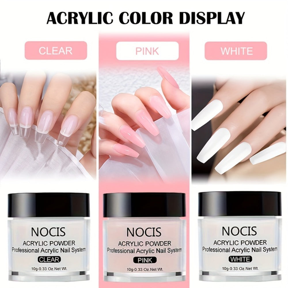 Acrylic Nail Kit for Beginners Unscented Crystal Powder Extension Set with Clear White Pink Acrylic Powder Liquid Monomer & Nail Brushes - Salon Quality DIY Home Manicure Nail Extension Tools