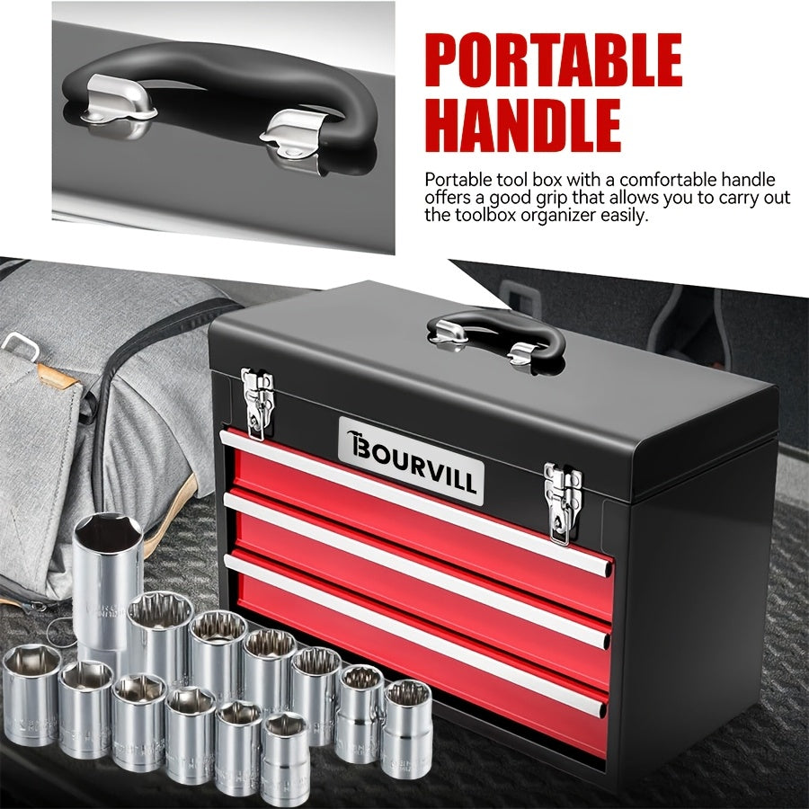 BOURVILL 52+1/108/321pcs Three-Drawer Hardware Tool Storage Box | Portable Self-Locking Toolbox | Automotive Repair Tool Set | Ideal for Organizing And Storing Hardware | Suitable for Automotive, Motorcycle, And Home Repair Work