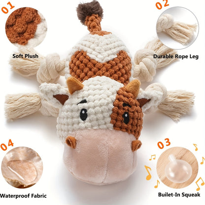 Squeaky Plush Cow Dog Toy with Crinkle Paper - Interactive Tug of War Chew Toy for Small Medium Large Dogs, Cute Cattle Design Washable Pet Toy for Fetch Play & Anxiety Relief