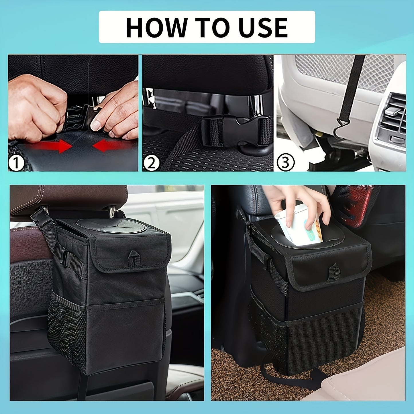 Hanging Car Trash Can with Lid & Storage Pockets - Leak-Proof Polyester Fiber Automotive Garbage Bin for Headrest & Console, Multi-Purpose Vehicle Waste Bag, Black