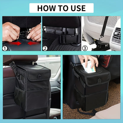 Hanging Car Trash Can with Lid & Storage Pockets - Leak-Proof Polyester Fiber Automotive Garbage Bin for Headrest & Console, Multi-Purpose Vehicle Waste Bag, Black