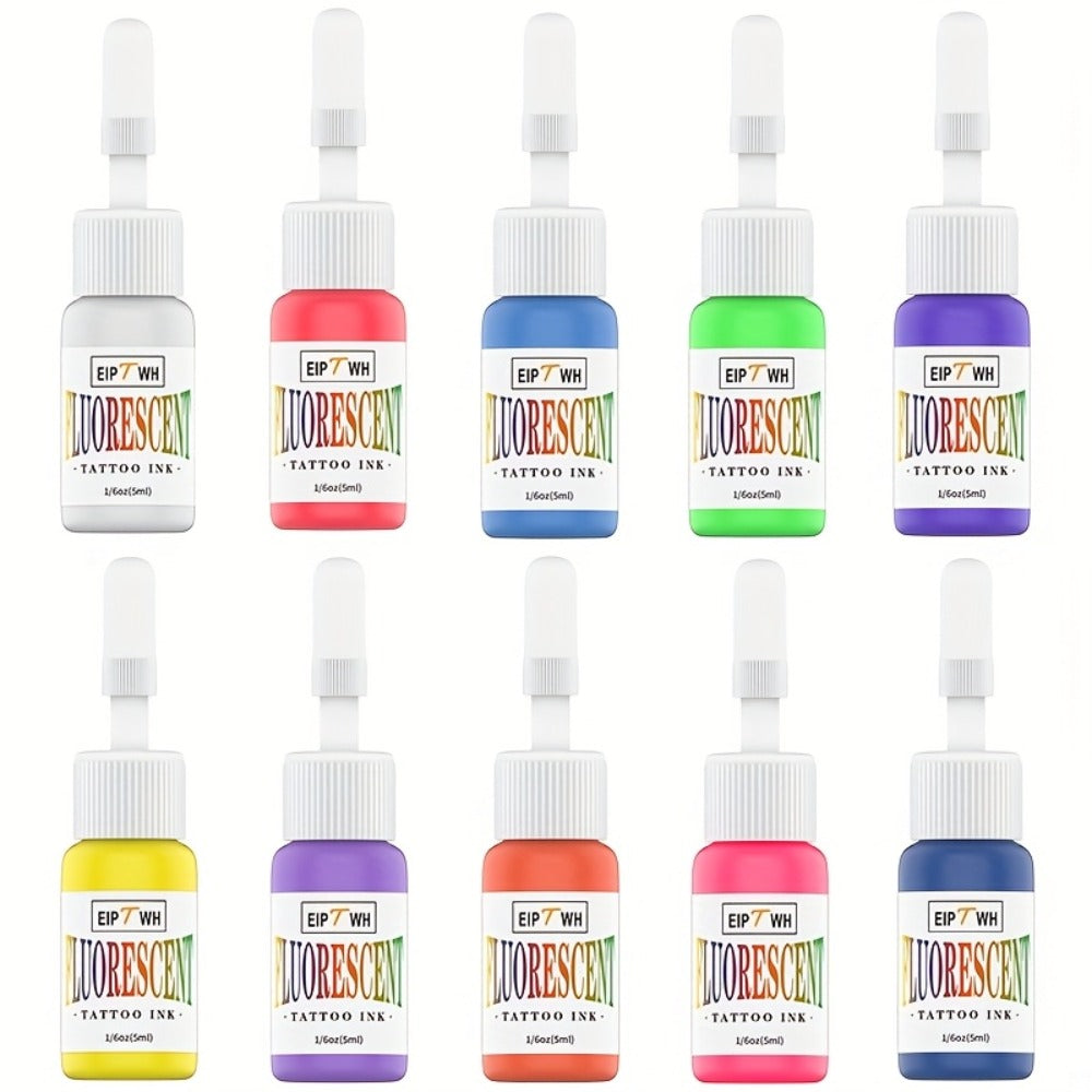 UV Tattoo Ink Set 10 Colors Fluorescent Neon Glow Blacklight Reactive Light-Reactive Long-Lasting Ink Bottles for Tattoo Artists Body Art Festival & Rave Events