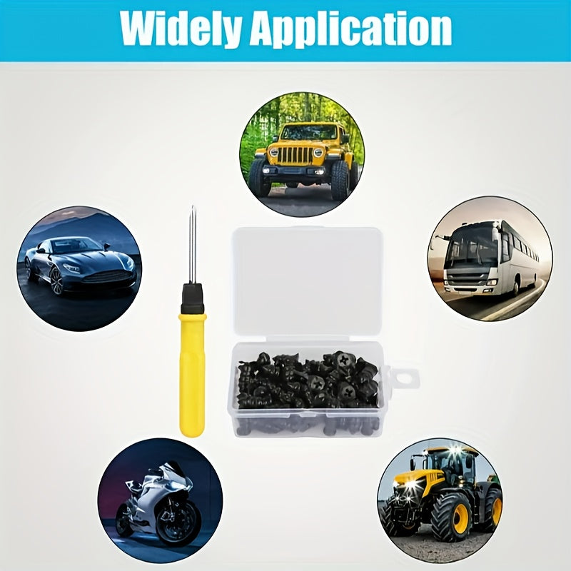 61 Tire Repair Rubber Plugs, Vacuum Tire Repair Kit, Spiral Rubber Screws, Quick Self-Service Repair Tool Suitable for Cars, Trucks, Motorcycles, Tractors, Tool for Tire Puncture Repair, Black