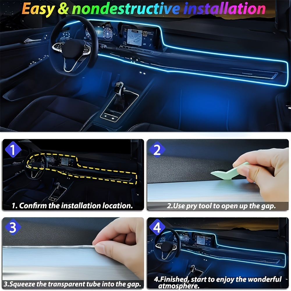 118" RGB LED Car Interior Lighting Kit - USB Powered, App-Controlled with Music Sync & Fiber Optics for Dashboard And Doors, Without Battery