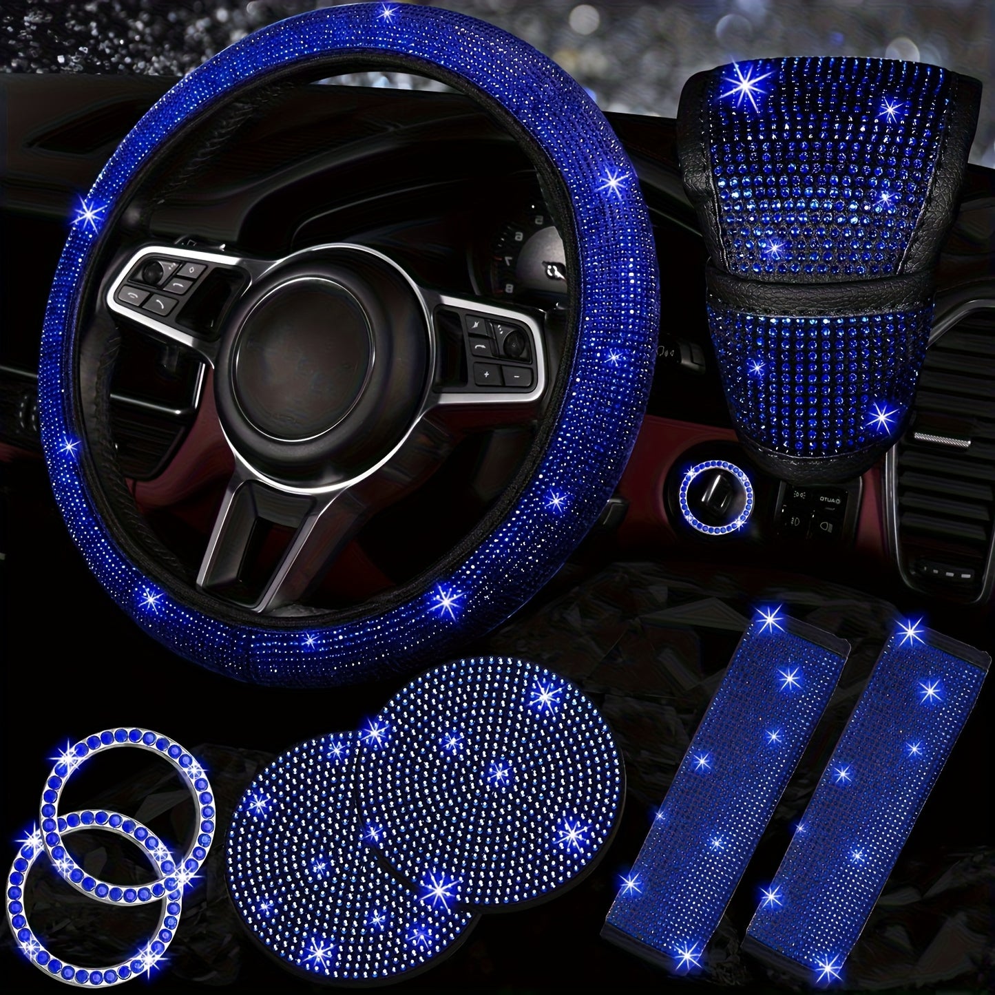 Set of 8 Sparkly Car Additions for Women, Including a Glittery Steering Wheel Cover, Shiny Car Coasters, Belt Shoulder Pads, Ring Emblem Sticker, And Gear Shift Cover