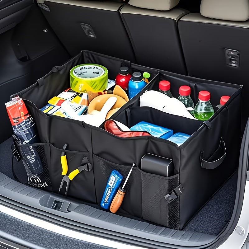 Foldable Car Trunk Organizer with Adjustable Black Straps - Rear Seat Nylon Storage Box, Car Interior Additions