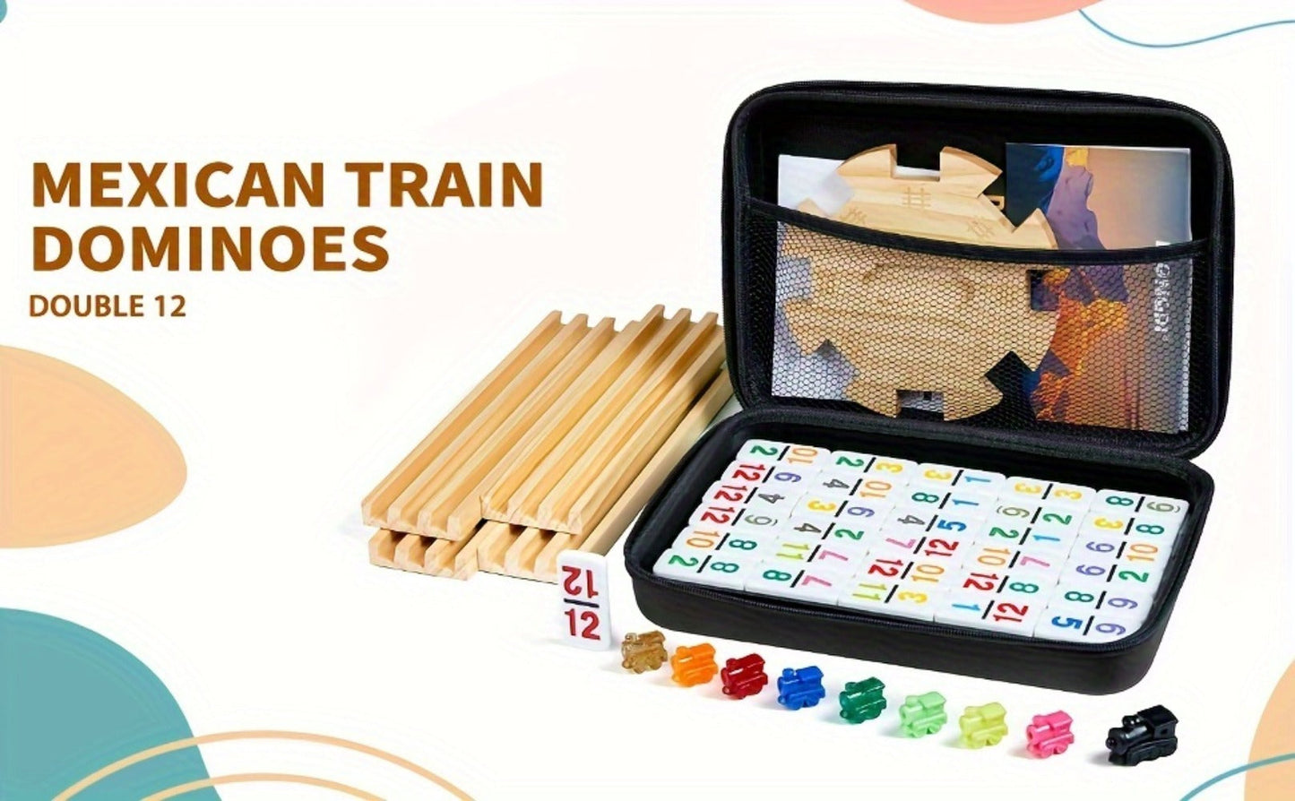 Mexican Train Dominoes Double 12 Set – 91 Colorful Tiles, 9 Metal Trains & 4 Wooden Racks, Complete Strategy Board Game with EVA Travel Case for Family Game Night, Adults & Kids, Classic Christmas & Holiday Gift