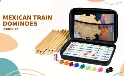 Mexican Train Dominoes Double 12 Set – 91 Colorful Tiles, 9 Metal Trains & 4 Wooden Racks, Complete Strategy Board Game with EVA Travel Case for Family Game Night, Adults & Kids, Classic Christmas & Holiday Gift