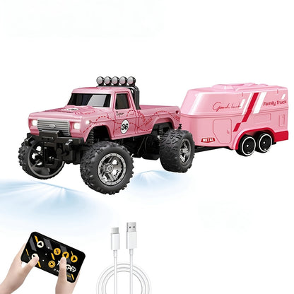 Mini RC Off-Road Truck with Trailer 1:64 Scale Die-Cast Remote Control Car – 2.4GHz Climbing Vehicle with Lights Rechargeable Adjustable Speed | Pocket-Sized RC Toy for Boys | Best Birthday Christmas Gift