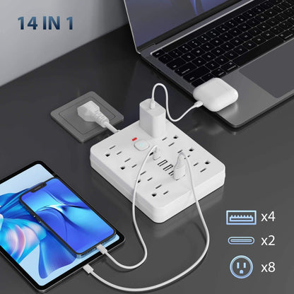 Power Strip Surge Protector 14-in-1 with 8 AC Outlets, 4 USB & 2 Type-C Ports – Flat Plug Space-Saving Extension Cord, Compact Multi-Plug Outlet Expander for Home Office Desk & Kitchen