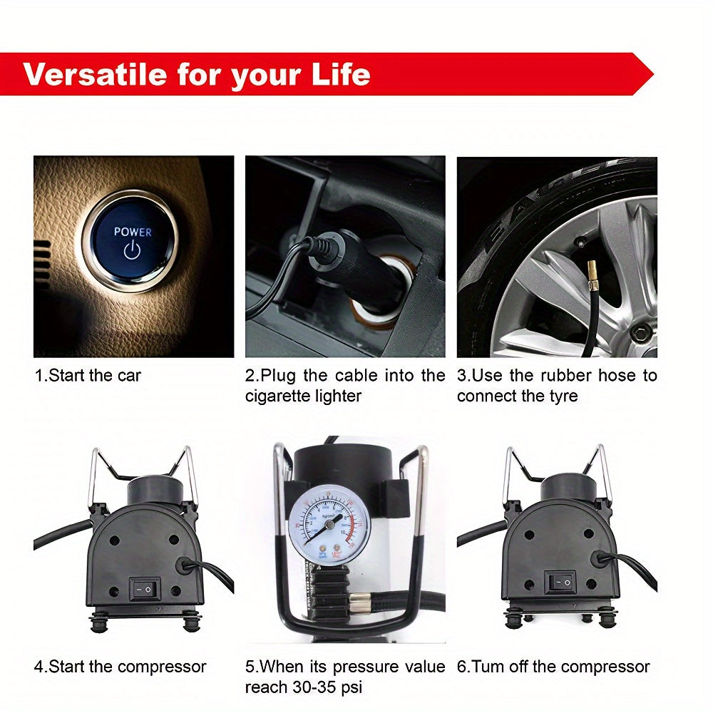 Vehicle Air Compressor with Pressure Gauge, Suitable for Single Cylinder 150 PSI 12V DC Portable Tire Inflator for Cars, Trucks, Buses, Bicycles, And Other Vehicles, Without Battery