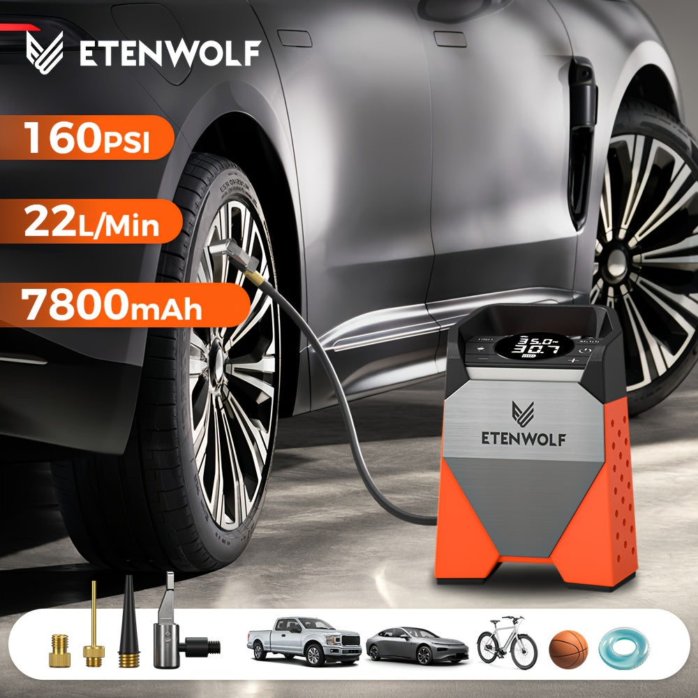 ETENWOLF S3C Ultra-Fast Tire Inflator with 160PSI and 5.81gal/Min Inflation and 7,800mAh Battery for Cars, Motorcycles, Bikes and Balls. Includes Pressure Monitor and Auto-stop Function, LED Lighting, a Variety of Adapted Nozzles and More!