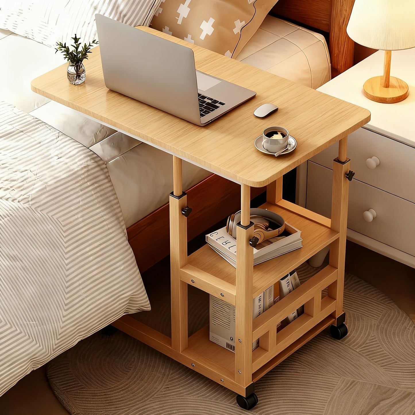 Rolling Overbed Table with Brake Wheels – Adjustable Height Bedside Nursing Dining Table for Elderly & Patients | Lockable Caster Wheels, Over-Bed Card Tray Design, 4 Colors, Practical Gift