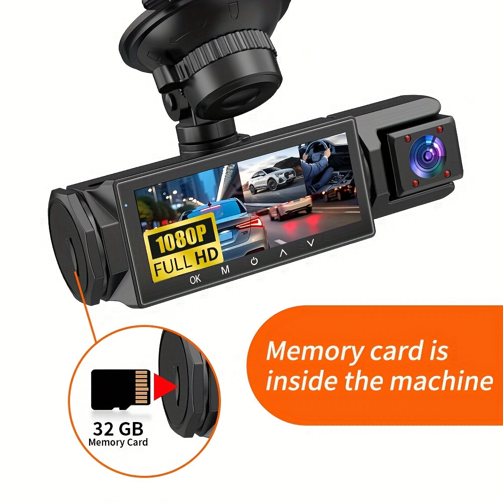 1080P Dash Cam with 3 Cameras Front Built-In Rear Infrared Night Vision 170° Wide-Angle Built-In Audio 32GB Card Connection to Smartphone Loop Recording G-Sensor 24 Parking Monitor