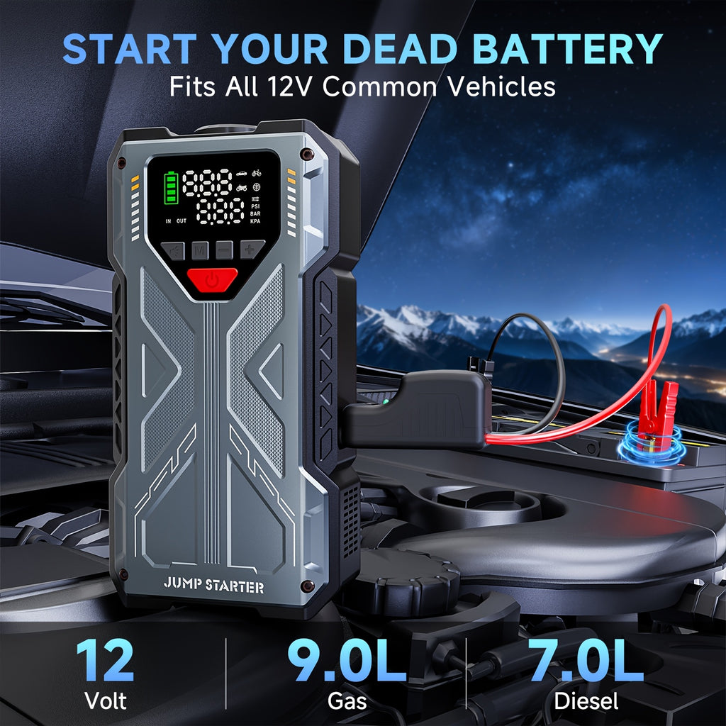 7-in-1 Portable Jump Starter With Air Compressor150PSI Digital Air Compressor, 12V Battery Booster For 2.38gal Gas/1.98gal Diesel Engines, Portable Car Jump Starter With Air Compressor, Fast Charge USB Ports & LED Emergency Light, Christmas Gifts