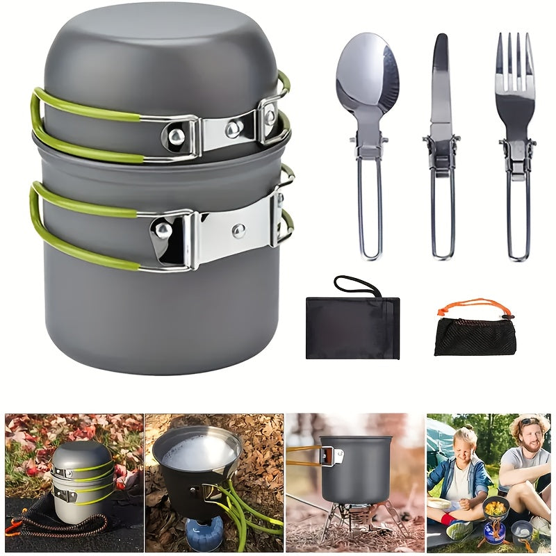 Portable Camping Cookware Set with Double Pot & Utensils - Lightweight Open Fire Cooking Kit with Forks Knives Spoons, Compact Space-Saving Iron Cookware for Outdoor Camping Picnic Travel Adventures