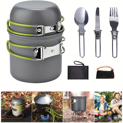 Portable Camping Cookware Set with Double Pot & Utensils - Lightweight Open Fire Cooking Kit with Forks Knives Spoons, Compact Space-Saving Iron Cookware for Outdoor Camping Picnic Travel Adventures