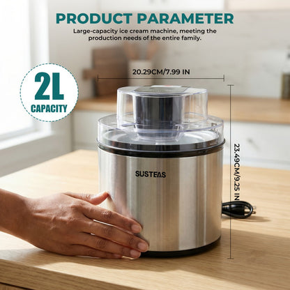 Ice Cream Maker 2 Liter Large Capacity Stainless Steel with LED Screen - Electric Ice Cream Machine for Home, Parties & Barbecues, Makes Frozen Yogurt & Fruit Smoothies, Easy to Clean, Great Gift