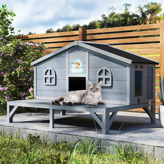 Outdoor Cat House Wooden Weatherproof Feral Cat Shelter with Deck, Elevated Legs & 2 Escape Doors – Large Indoor Outdoor Catio for 1-3 Cats, Rabbits & Small Animals, Grey