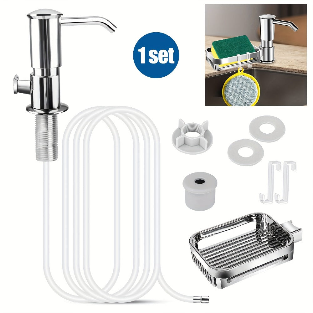 Kitchen Soap Dispenser Set with Sponge Holder & 39" Extension Tube, 360° Rotating Pump, No-Drill DIY Install for Kitchen Sink Bathroom Counter & Laundry Room, Fits 24-40mm Countertop Holes