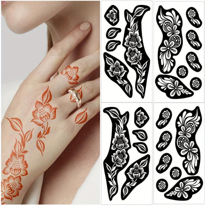 Tattoo Stencil Kit with Brown Paste Ink & Flash Spray – Pre-Cut Hollow Template DIY Freehand Henna Style Temporary Tattoo Body Art Designs 2-Pack No Machine No Electricity for Festivals Parties Gifts