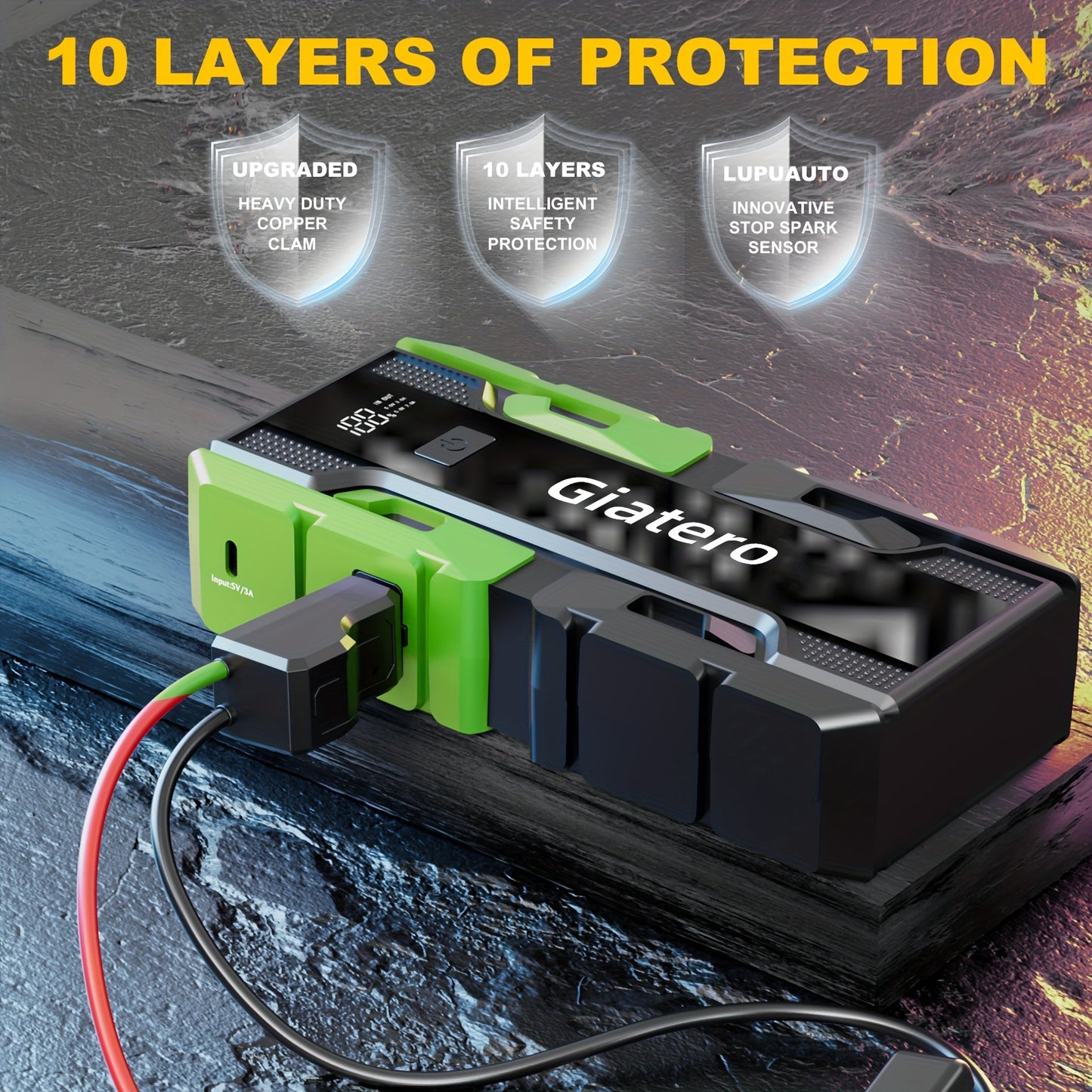 Heavy Duty Jump Starter 10000A with Air Compressor Tire Inflator – Portable 12V Emergency Battery Booster for Engines Up to 14.0L Gas / 12.0L Diesel, Cars, Trucks, SUVs & Motorcycles, Digital Display