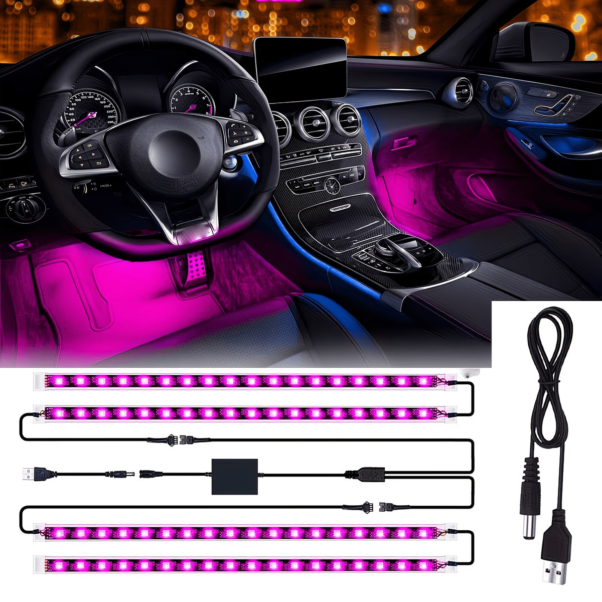 RGB Car Interior Bluetooth USB Light Strip with Wireless Remote And APP Control, 4pcs Dashboard Foot Mood Light Kit, Music Mode, Suitable for Vehicle Interior, SUV, Truck