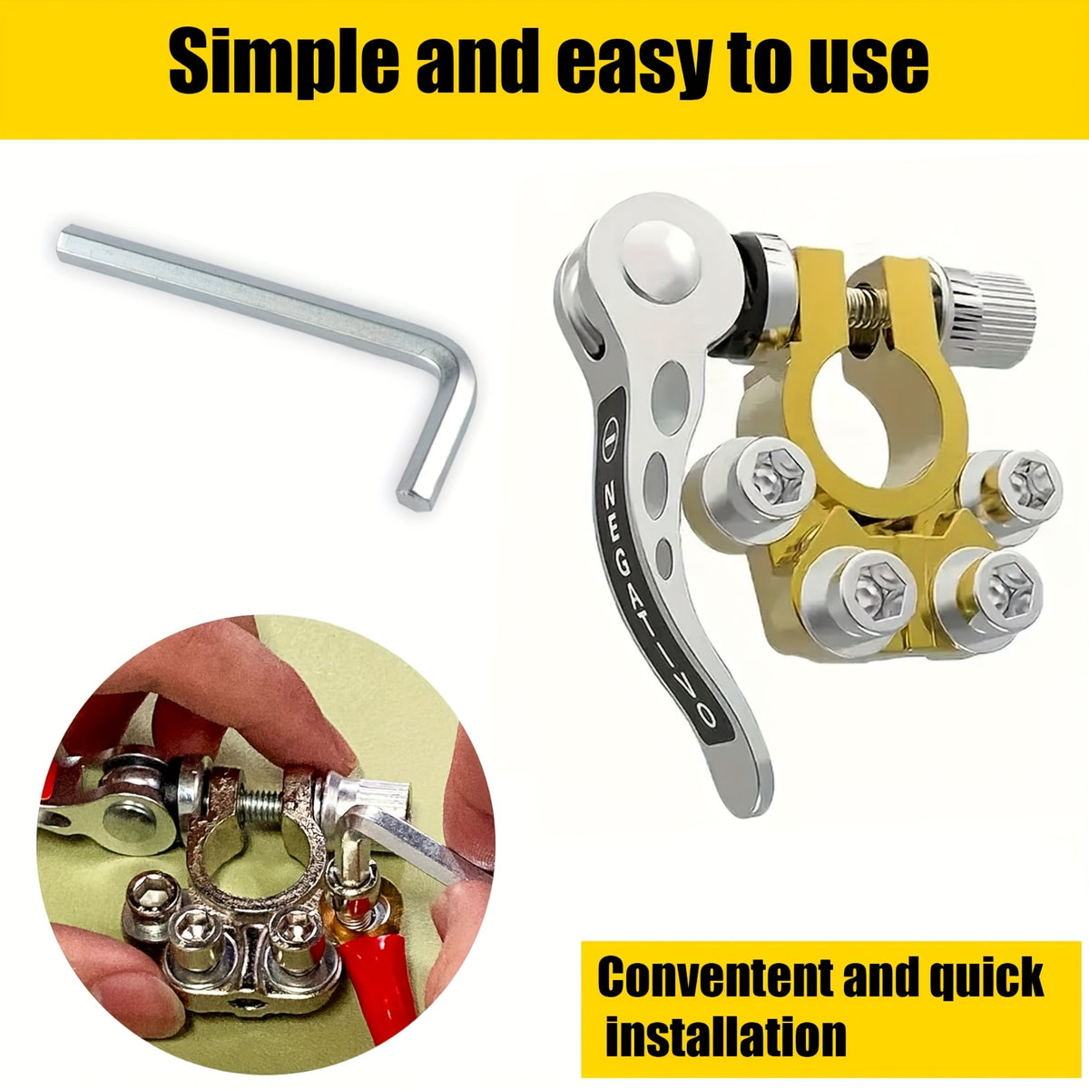 Connector for Car Battery Terminals, Featuring a 4-Way Quick Disconnect Clip for Both Positive And Negative Connections, Made of Solid Polished Brass That Is Resistant to Corrosion And Built to Last for Automobiles, Trucks, And Other Vehicles