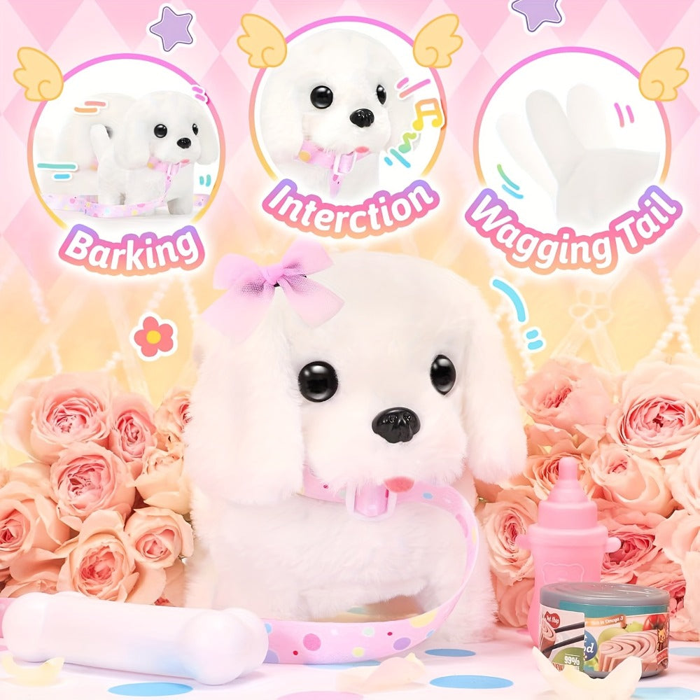 Walking Barking Dog Toy Electronic Interactive Puppy Plush with Tail Wagging Leash Bow Soft Stuffed Animal Birthday Christmas Easter Gift for Kids Girls Toddlers