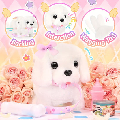 Walking Barking Dog Toy Electronic Interactive Puppy Plush with Tail Wagging Leash Bow Soft Stuffed Animal Birthday Christmas Easter Gift for Kids Girls Toddlers