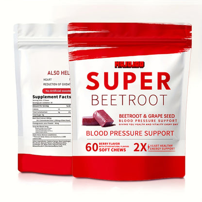 Beetroot Gummies Chewable Supplement with Beetroot Powder Vitamins Minerals & Antioxidants for Blood Pressure Heart Health Natural Energy & Nitric Oxide Support — Pomegranate Berry Flavor 60 Chews Women & Men