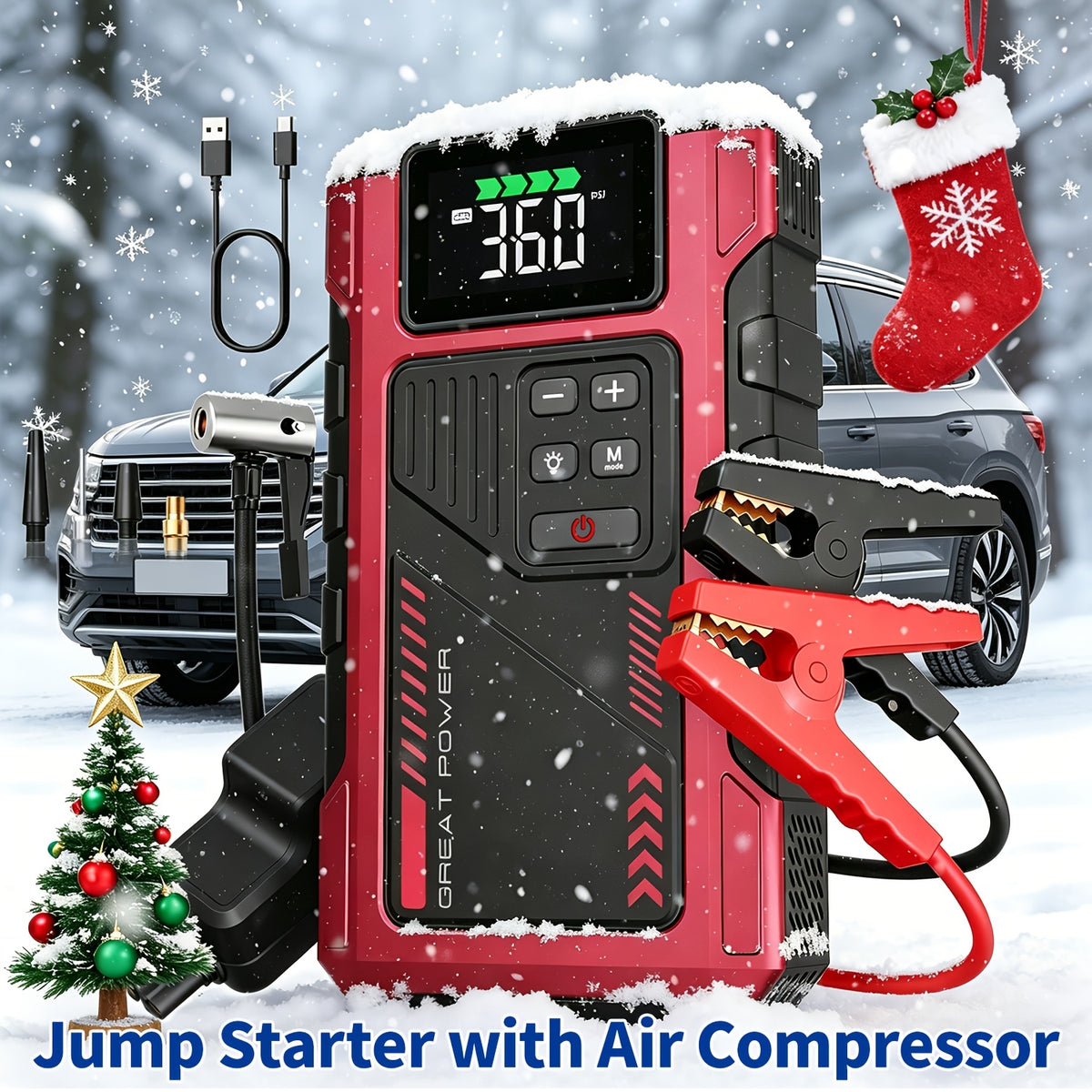 9-in-1 Portable Jump Starter with Air Compressor, 12V Car Battery Jump Starter, Portable Car Battery Charger, Fits 2.11gal Gas/ 1.72gal Diesel Fast Car Starting, USB Input & Output, LED Emergency Light, Auto Accessory Tool, Christmas Gift