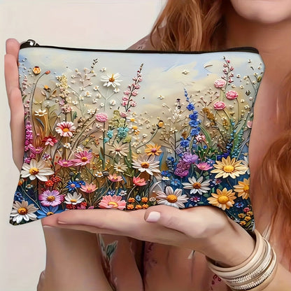 Daisy Floral Makeup Bag 4-Pack Set Foldable Zipper Travel Cosmetic Pouch Durable Toiletry Organizer Gift for Women Girls Sisters Girlfriends Birthday Christmas Holiday