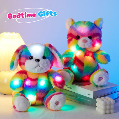 Glow in the Dark Rainbow Cat Plush Toy with Music — Kawaii Glowing Kitty Stuffed Animal Night Light Companion for Kids Girls, Birthday Mother's Day Christmas Valentine Gift for Cat Lovers