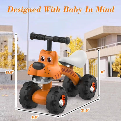 Baby Balance Bike 4 Wheels with Adjustable Seat Toddler Walker Ride On Toy for Ages 10 Months to 3 Years Boys Girls First Birthday Christmas Gift Tiger Design Yellow