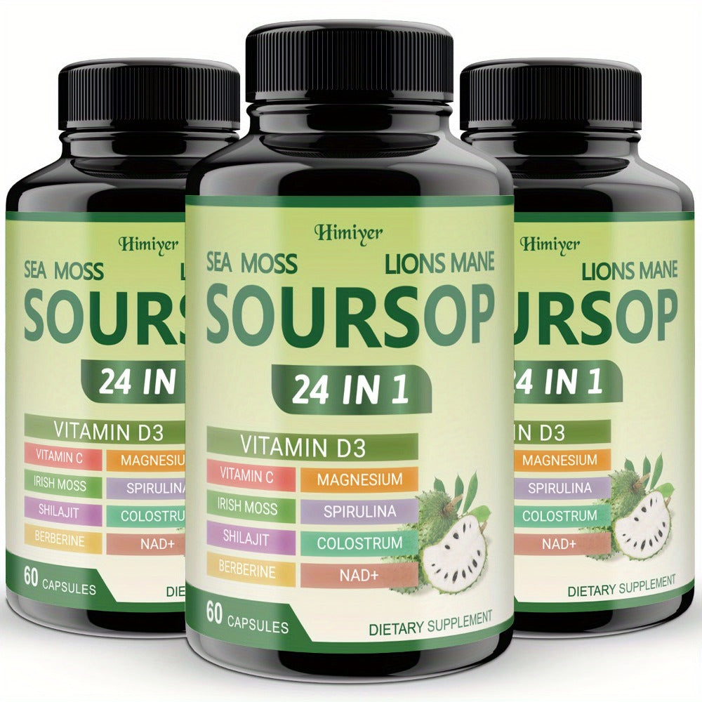 Soursop Graviola Capsules 24-in-1 Herbal Blend — Turmeric Spirulina Sea Moss Vitamin D3 Bitter Leaf | Immune Defense Antioxidant Gut Energy Support | 60 Capsules Per Bottle