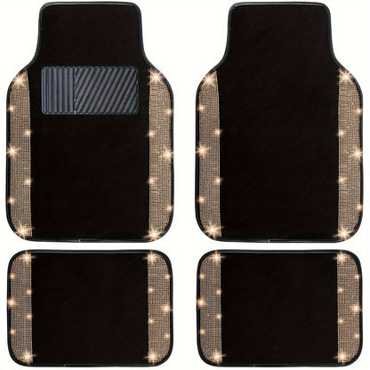 Bling Car Floor Mats Full Set, Universal Fit Most Cars, SUV, Trucks, 4pcs Sparkle Glitter Artificial Diamond Carpet for Women Girls with Anti-Slip Pad