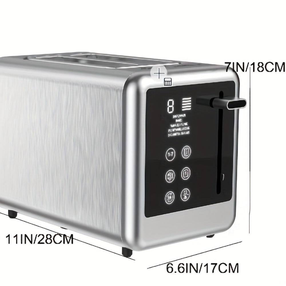 Stainless Steel Toaster 2-Slice Smart Touch Screen – 5 Bread Selections, 7 Shade Settings, Bagel/Defrost/Cancel/Reheat, 1.5" Wide Slot, Removable Crumb Tray