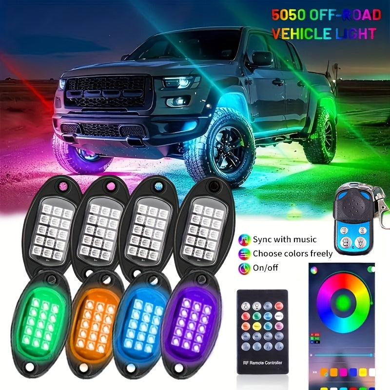 8pcs And 4pcs - 15 LED/8 Pods Metal Alloy Upgraded LED Rock Lights, Suitable for Trucks, RGB LED Rock Lights with APP/music Mode, Suitable for Jeeps, Trucks, UTVs, SUVs And Golf Carts, Neon Light Chassis Kits for Backlights, Car Accessories