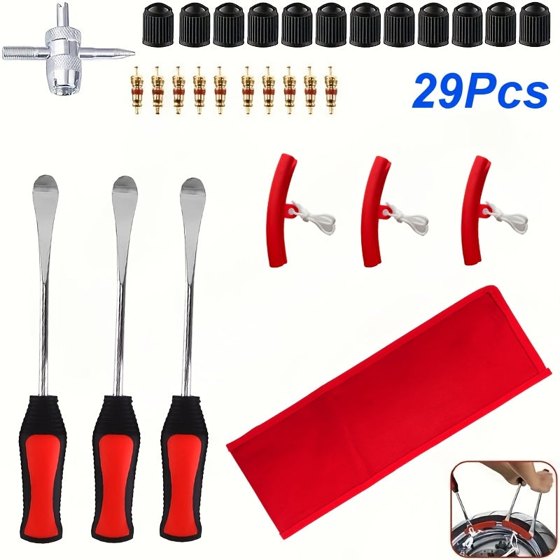 29/24/12pcs Tire Changing And Valve Service Tool Kit with Tire Lever Tools, Valve Caps, Valve Cores, 4-Way Valve Tool, And Storage Pouch for Garage Tire Maintenance And Vehicle Care