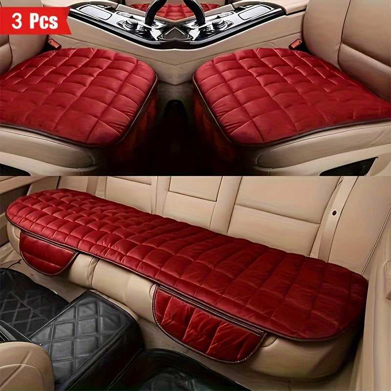 Car Seat Cushions Plush Plaid 3pcs Set – Thickened Cold-Resistant Comfort Pad, Universal Fit for Cars SUVs Trucks, Insulated Non-Slip Seat Cover Cushion