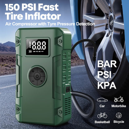 Jump Starter 10000A 7-in-1 with Air Pump – 150PSI Tire Inflator, Portable Battery Booster for Gas & Diesel, USB & USB-C Power Bank, LED Emergency Light