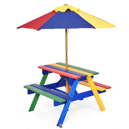 Kids Picnic Table Set with Umbrella Wood Table Bench Set for Toddlers Seats 4 Children Indoor Outdoor Backyard Rainbow Design Birthday Christmas Gift Boys Girls