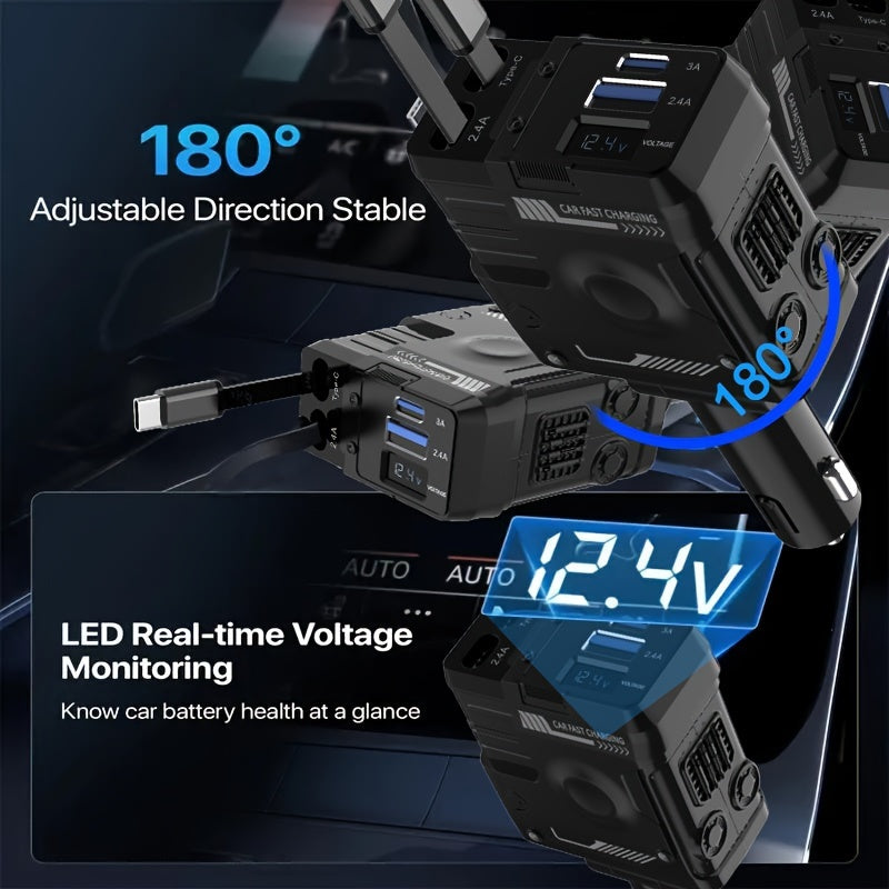 Mech Style Super Fast Car Charger, 4 In 1 Retractable Car Phone Charger 120W, Retractable Cables For Iphone And USB Car Charger, Compatible With for iphone 14/13/12/11, Galaxy, Pixel - For Ios And Android(Gift Magnetic Holders Included)